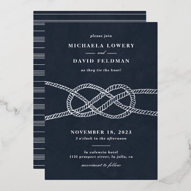 Faire-part de mariage de noeud illustrée - Marine (Recto/Verso)