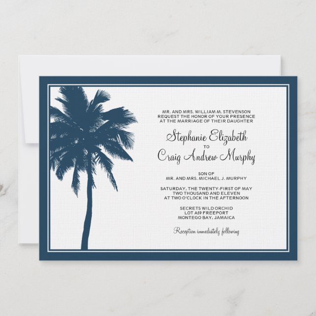 Faire-part de mariage de palmier de bleu marine (Devant)