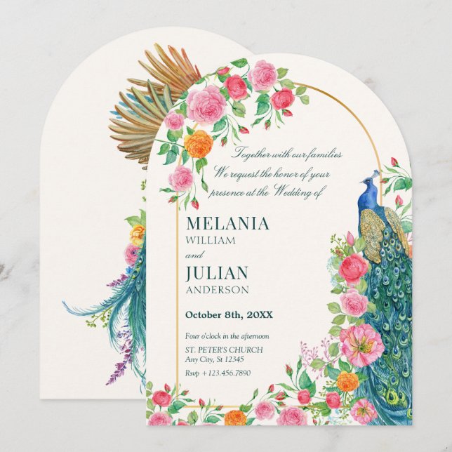 Faire-part de mariage de paon floral (Devant / Derrière)