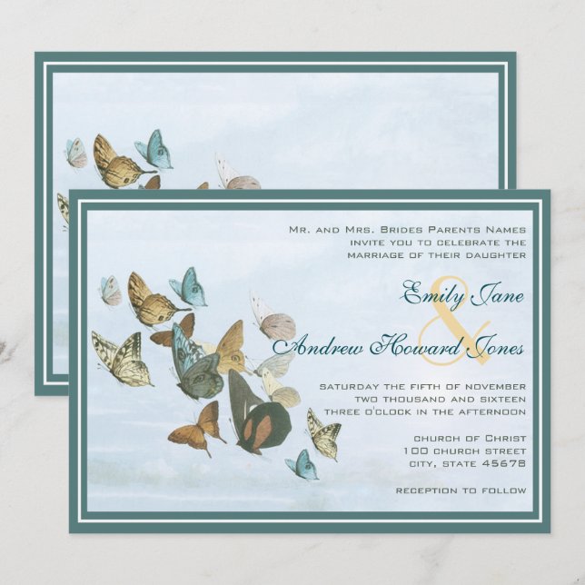 Faire-part de mariage de papillon lunaire Turquois (Devant / Derrière)