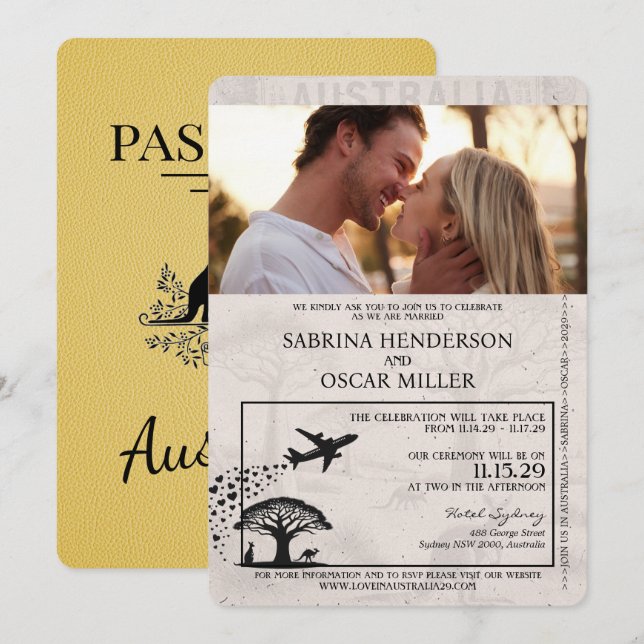Faire-part de mariage de passeport australien jaun (Devant / Derrière)