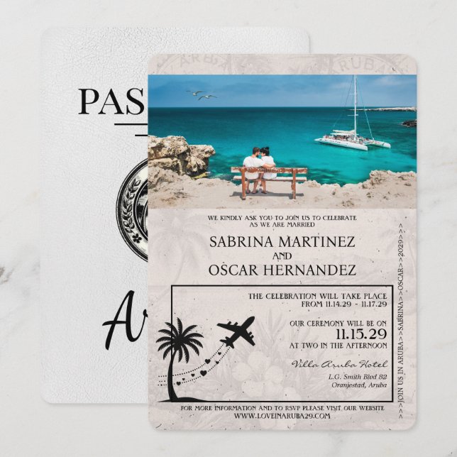Faire-part de mariage de passeport blanc Aruba (Devant / Derrière)