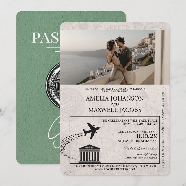 Faire-part de mariage de passeport de Sage Green G (Devant / Derrière)