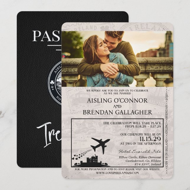 Faire-part de mariage de passeport d'Irlande noire (Devant / Derrière)