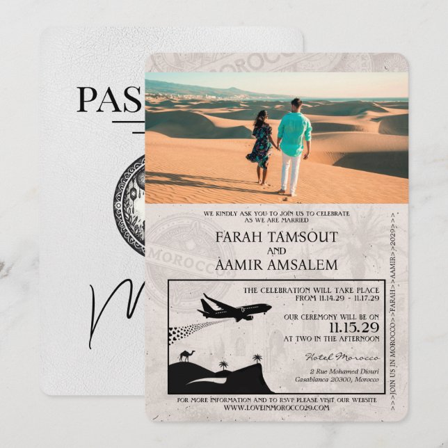Faire-part de mariage de passeport du Maroc blanc (Devant / Derrière)