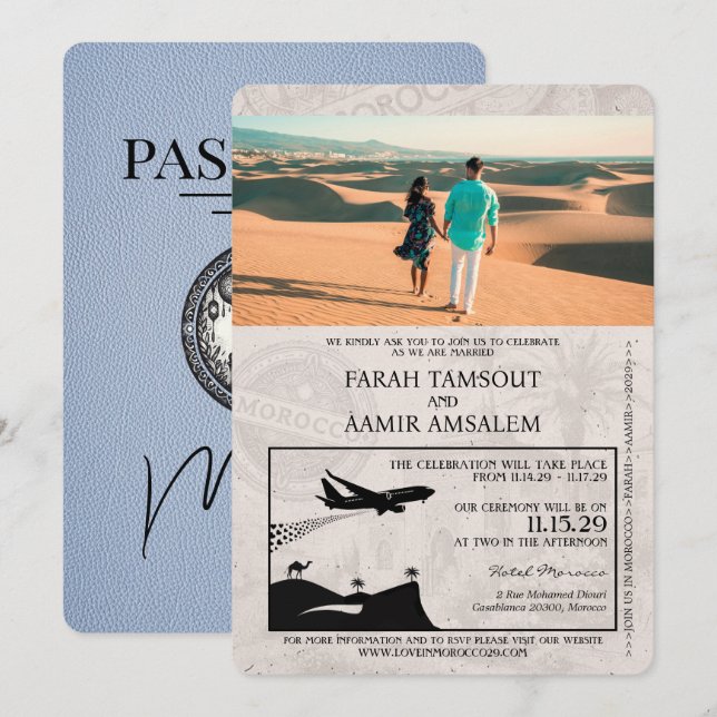 Faire-part de mariage de passeport du Maroc bleu D (Devant / Derrière)