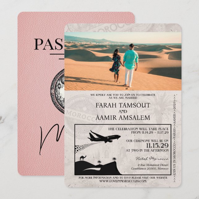 Faire-part de mariage de passeport du Maroc rose (Devant / Derrière)