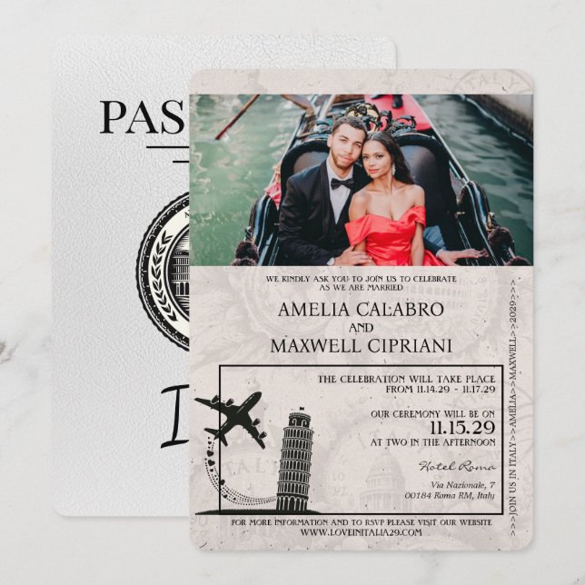 Faire-part de mariage de passeport en Italie blanc (Devant / Derrière)