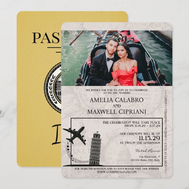 Faire-part de mariage de passeport en Italie jaune (Devant / Derrière)