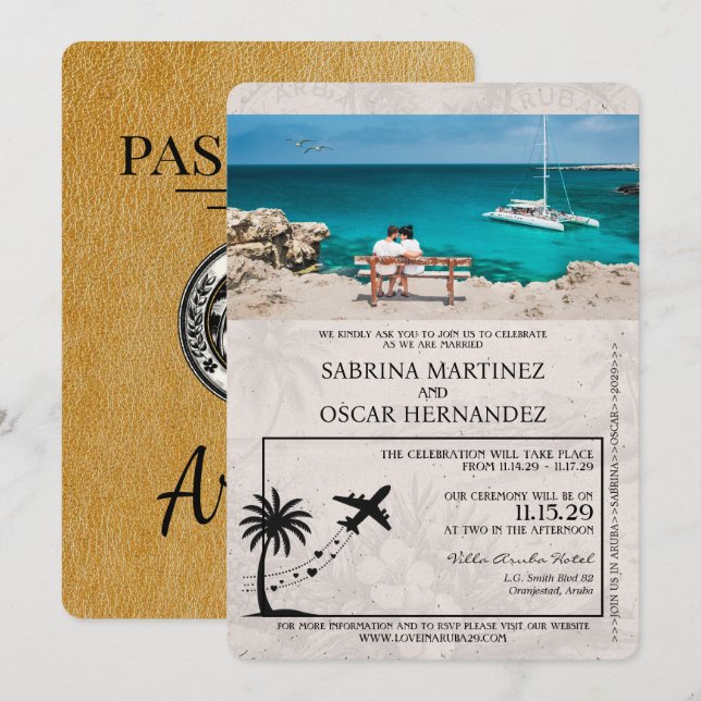 Faire-part de mariage de passeport Gold Aruba (Devant / Derrière)