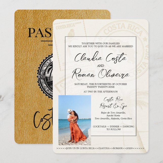 Faire-part de mariage de passeport Gold Costa Rica (Devant / Derrière)