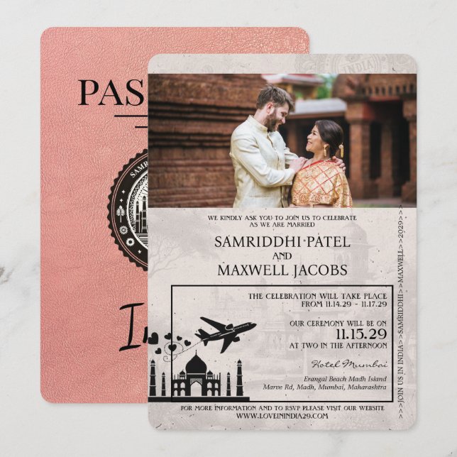 Faire-part de mariage de passeport Gold India rose (Devant / Derrière)