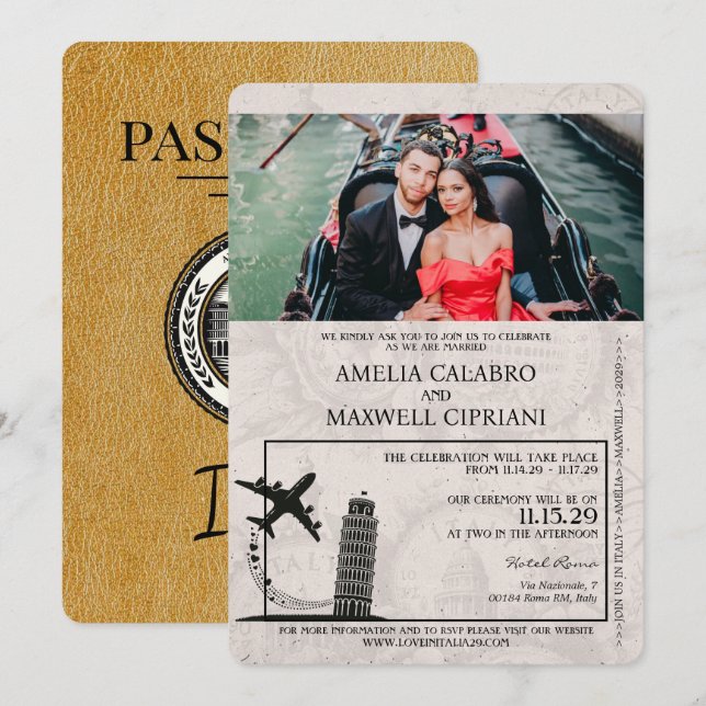 Faire-part de mariage de passeport Gold Italie (Devant / Derrière)