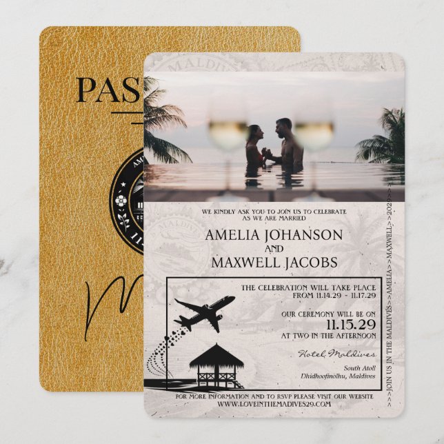 Faire-part de mariage de passeport Gold Maldives (Devant / Derrière)