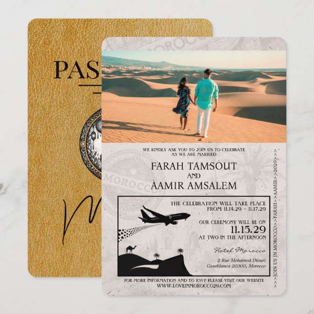 Faire-part de mariage de passeport Gold Maroc (Devant / Derrière)