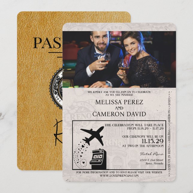 Faire-part de mariage de passeport Gold Reno (Devant / Derrière)