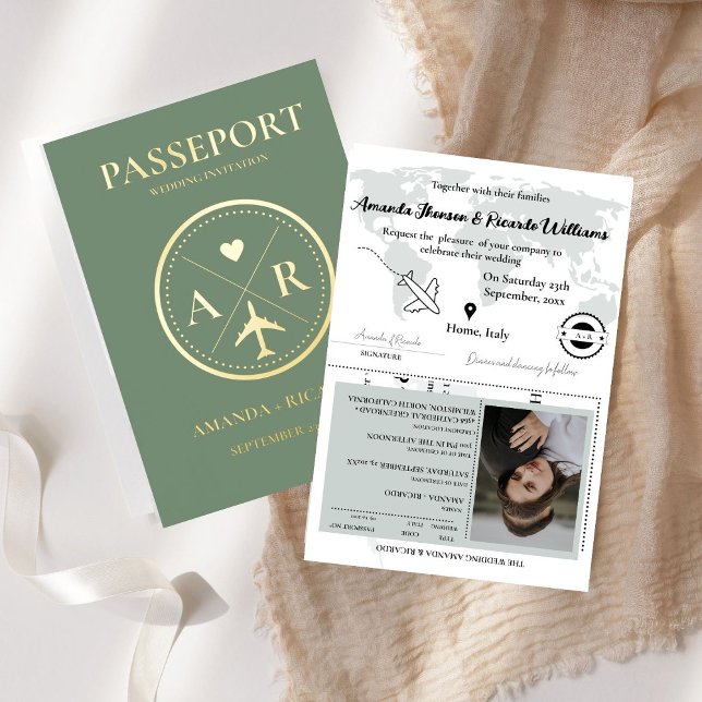 Faire-part de mariage de passeport Gold & Sage Gre (Créateur téléchargé)
