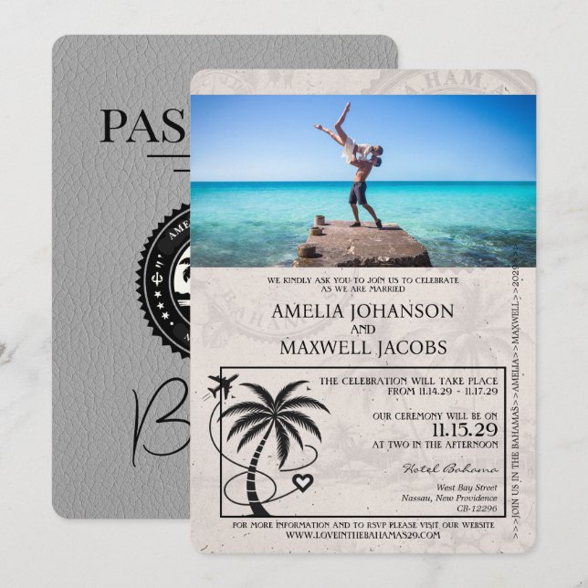 Faire-part de mariage de passeport gris Bahamas (Devant / Derrière)