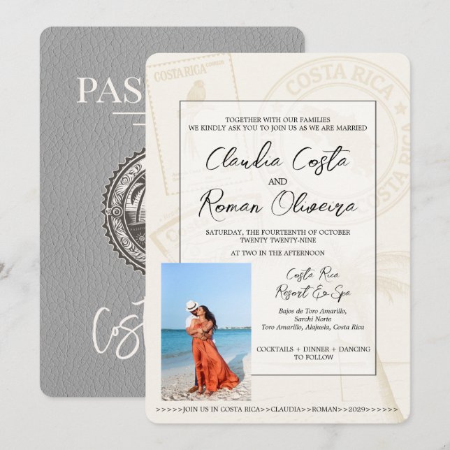 Faire-part de mariage de passeport gris Costa Rica (Devant / Derrière)