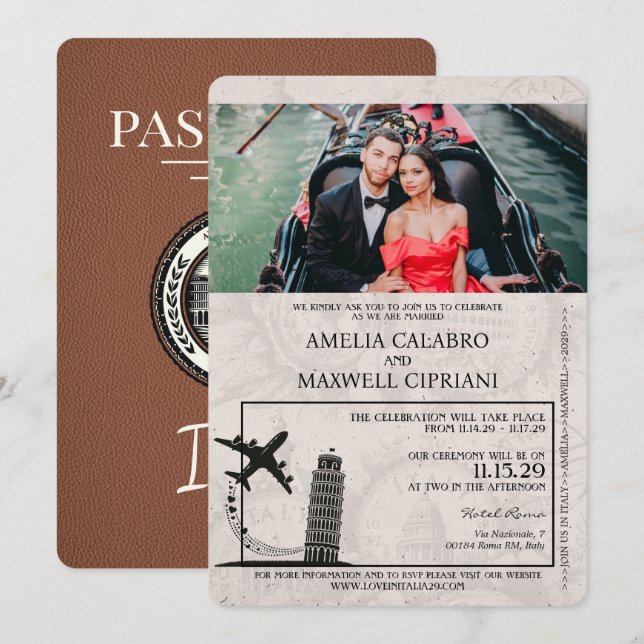 Faire-part de mariage de passeport Italie Brown (Devant / Derrière)