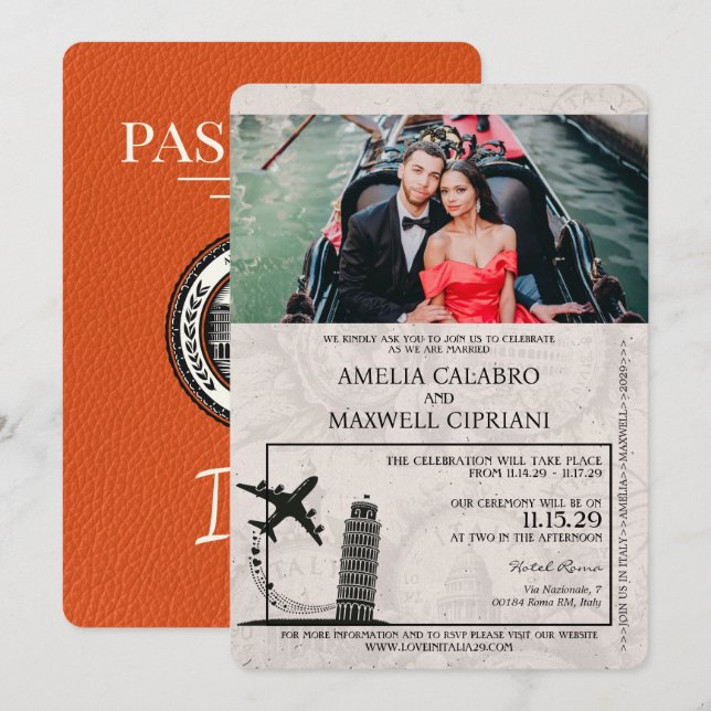 Faire-part de mariage de passeport Orange Italie (Devant / Derrière)