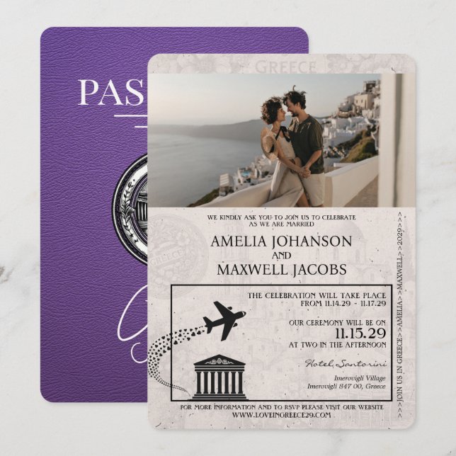 Faire-part de mariage de passeport Purple Grèce (Devant / Derrière)