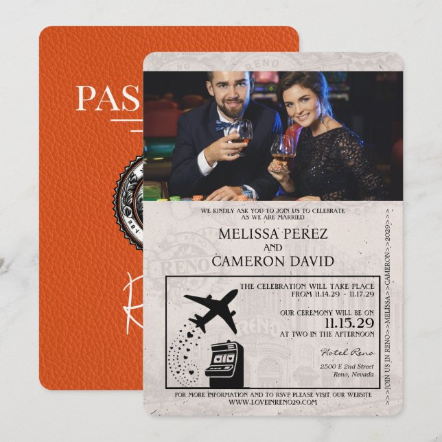 Faire-part de mariage de passeport Reno Orange (Devant / Derrière)