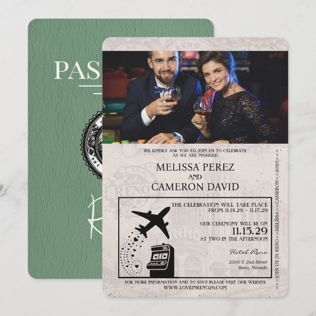 Faire-part de mariage de passeport Reno Sage Green (Devant / Derrière)