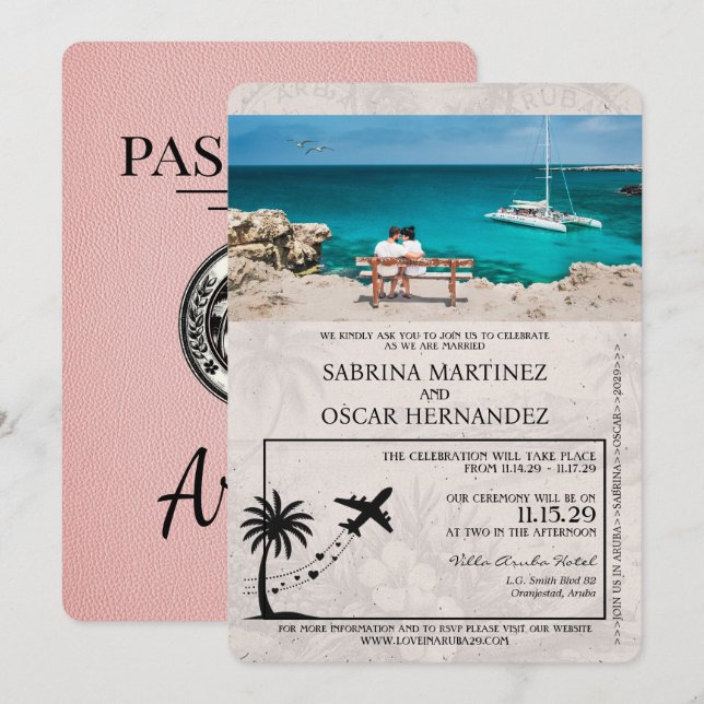 Faire-part de mariage de passeport rose Aruba (Devant / Derrière)