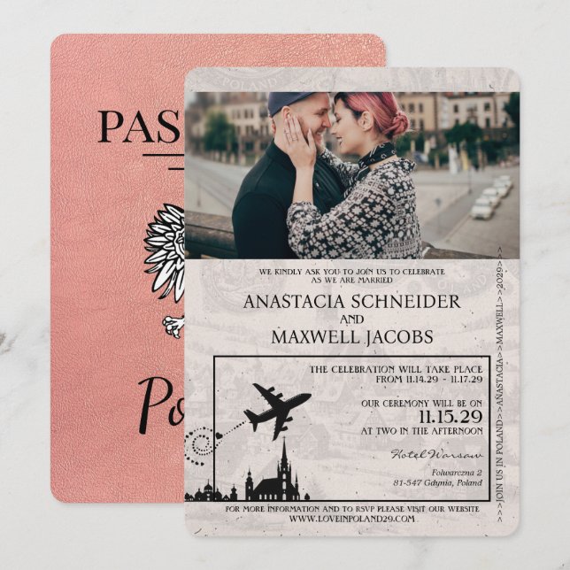 Faire-part de mariage de passeport rose Gold Polog (Devant / Derrière)
