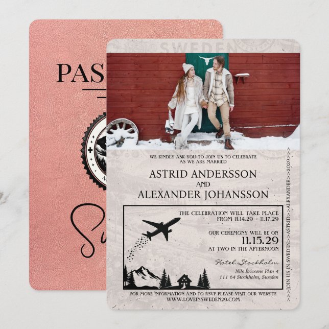 Faire-part de mariage de passeport rose Gold Suède (Devant / Derrière)