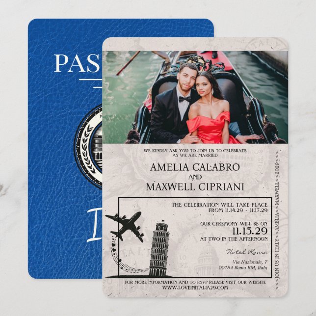 Faire-part de mariage de passeport Royal Blue Ital (Devant / Derrière)