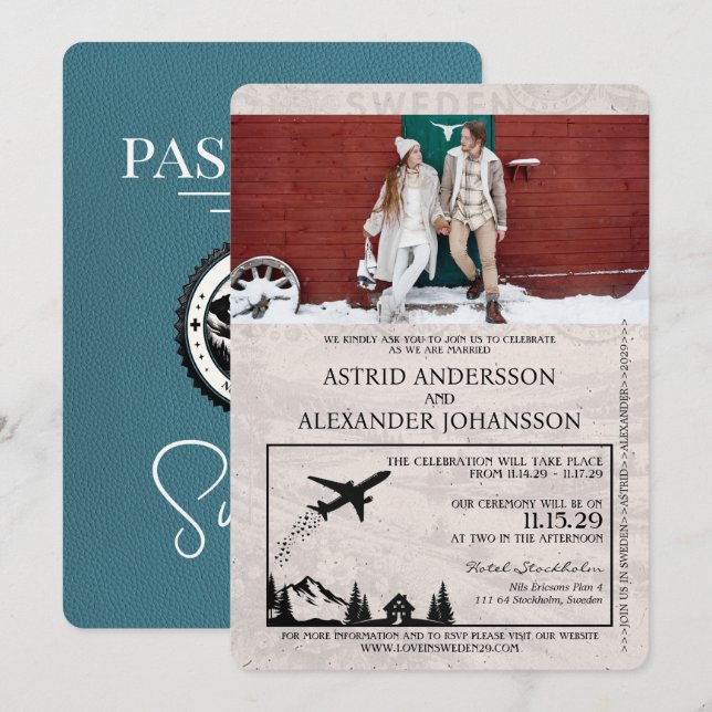 Faire-part de mariage de passeport Suède turquoise (Devant / Derrière)