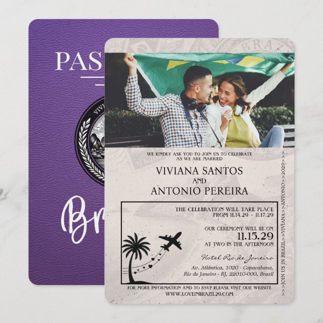 Faire-part de mariage de passeport violet Brésil (Devant / Derrière)