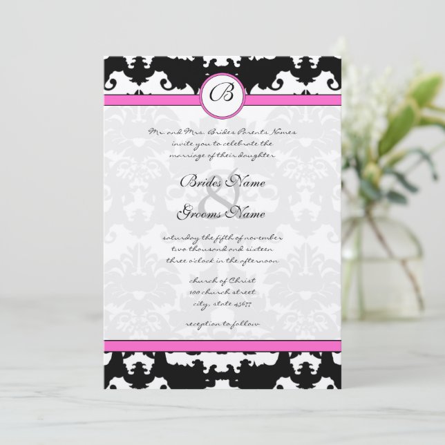 Faire-part de mariage de persiennes en damas rose  (Debout devant)