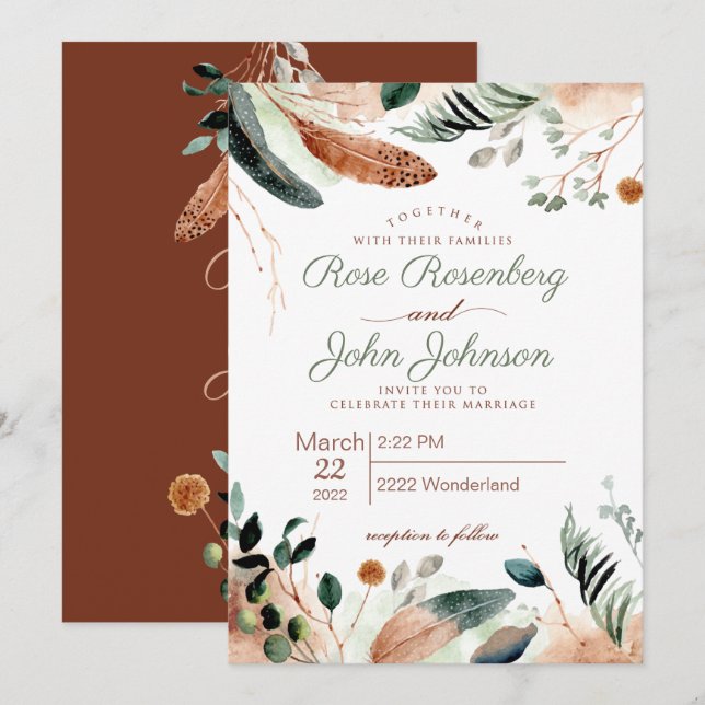 Faire-part de mariage de plumes (Devant / Derrière)