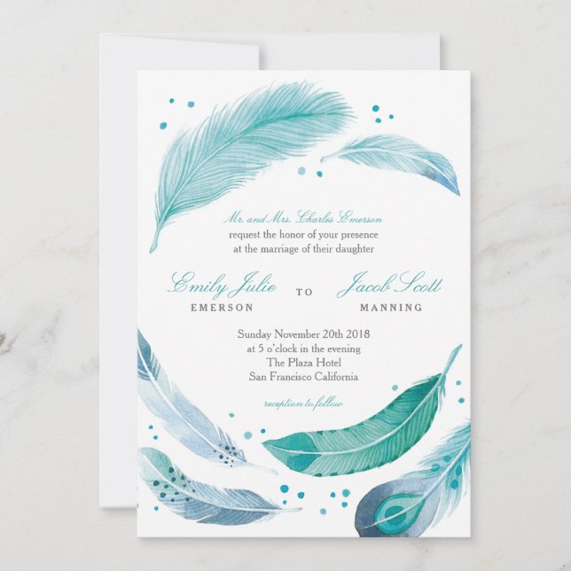Faire-part de mariage de plumes bleues (Devant)