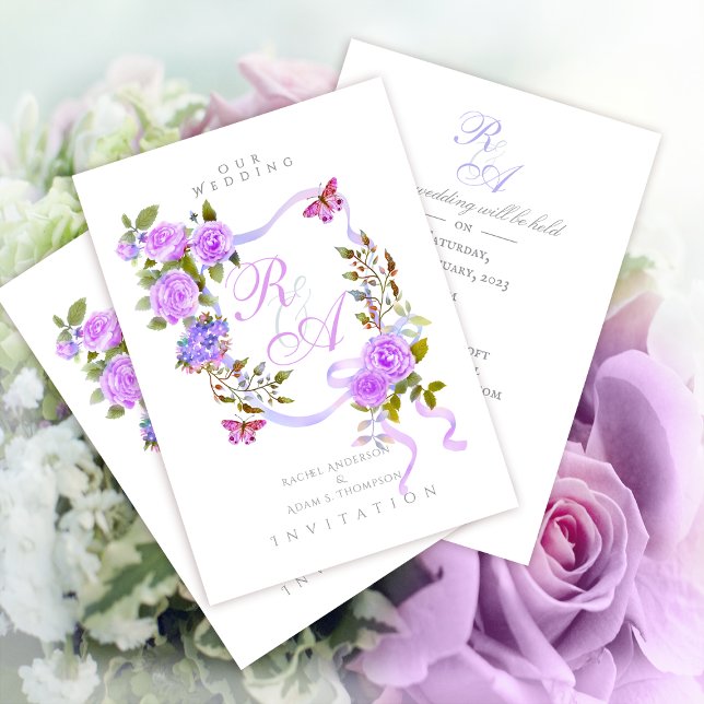 Faire-part de mariage de ruban violet Rose (Elegant Purple Rose Ribbon Monogram Invitation Card.)