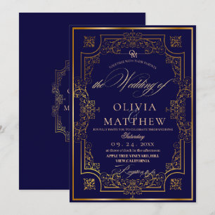 Faire-part de mariage de script bleu or chic