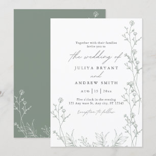Faire-part de mariage de script vert blanc et saga