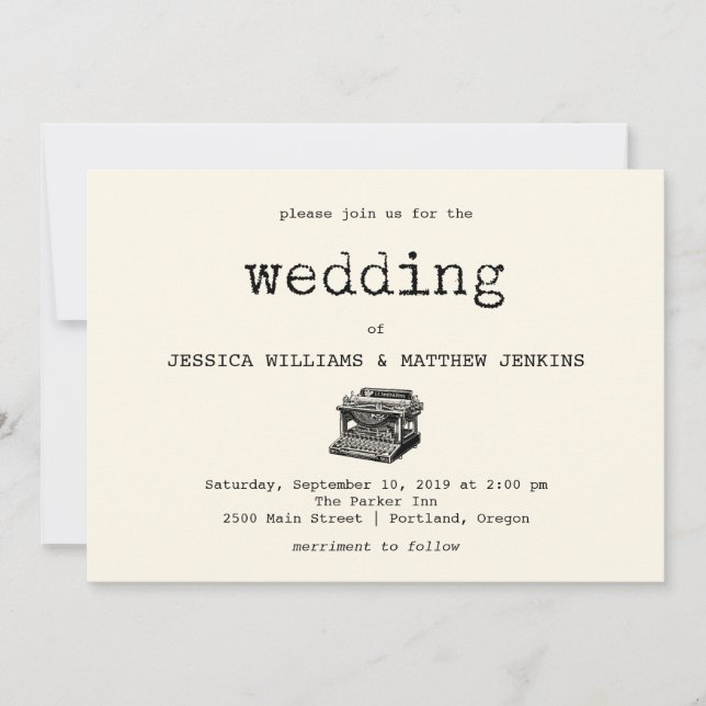Faire-part de mariage de texte et de machine à écr (Devant)