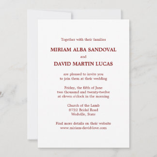 Faire-part de mariage de texte rouge formel minima