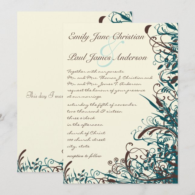 Faire-part de mariage de tourbillons Turquoises et (Devant / Derrière)