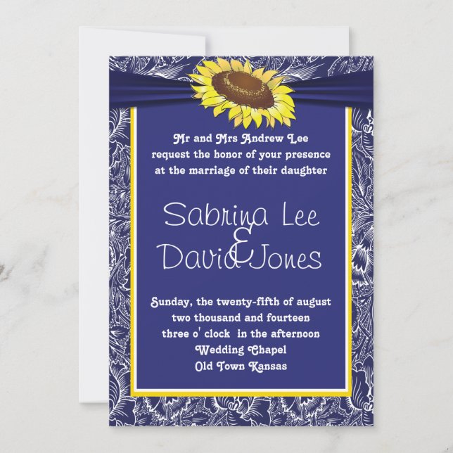 Faire-part de mariage de tournesol bleu royal et j (Devant)