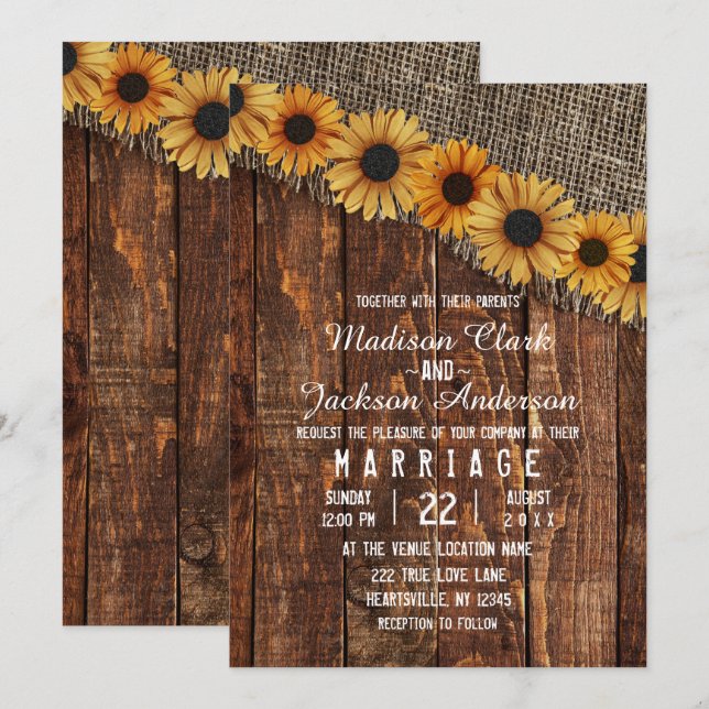 Faire-part de mariage de tournesol en bois rustiqu (Devant / Derrière)