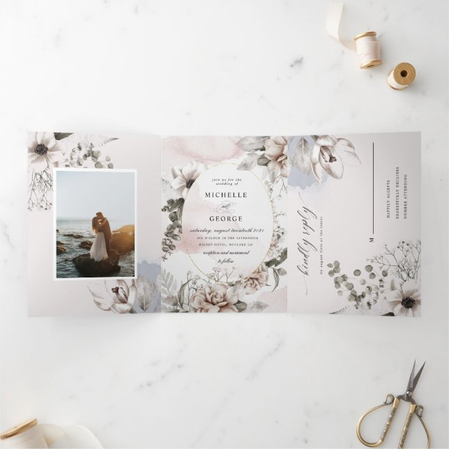 faire-part de mariage de tri floral argenté (Intérieur)
