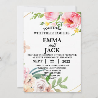 Faire-part de mariage de verdure fleurie rose et b