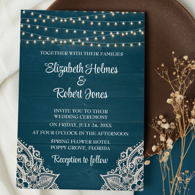 Faire-part de mariage d'élégance rustique Turquois (Dark Teal Wooden  String Lights and Lace Wedding Invitation on brown plate with dry wildflowers)