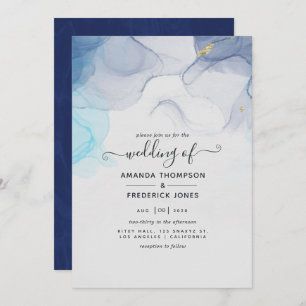 Faire-part de mariage d'encre d'alcool bleu et or