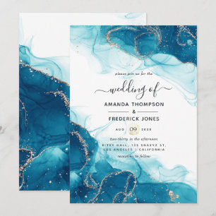 Faire-part de mariage d'encre d'alcool turquoise e